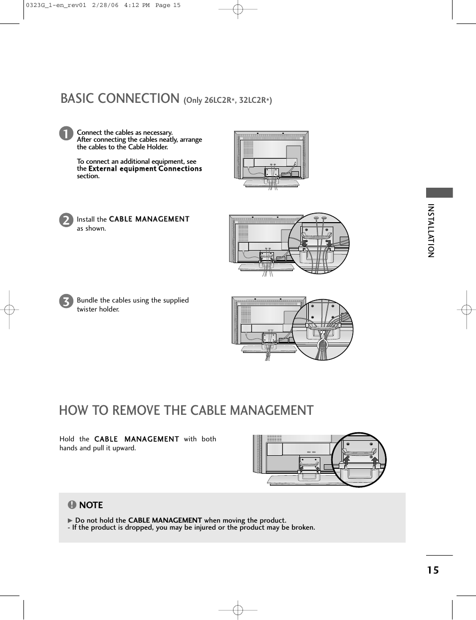 Basic connection, How to remove the cable management | LG 26LC2R User Manual | Page 17 / 87
