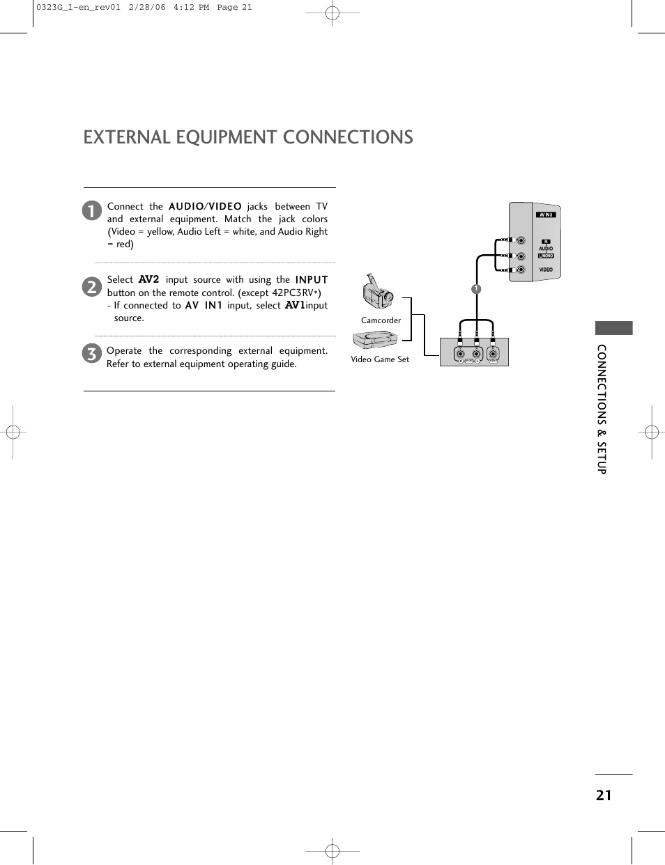 External equipment connections, Connections & setup | LG 26LC2R User Manual | Page 23 / 87