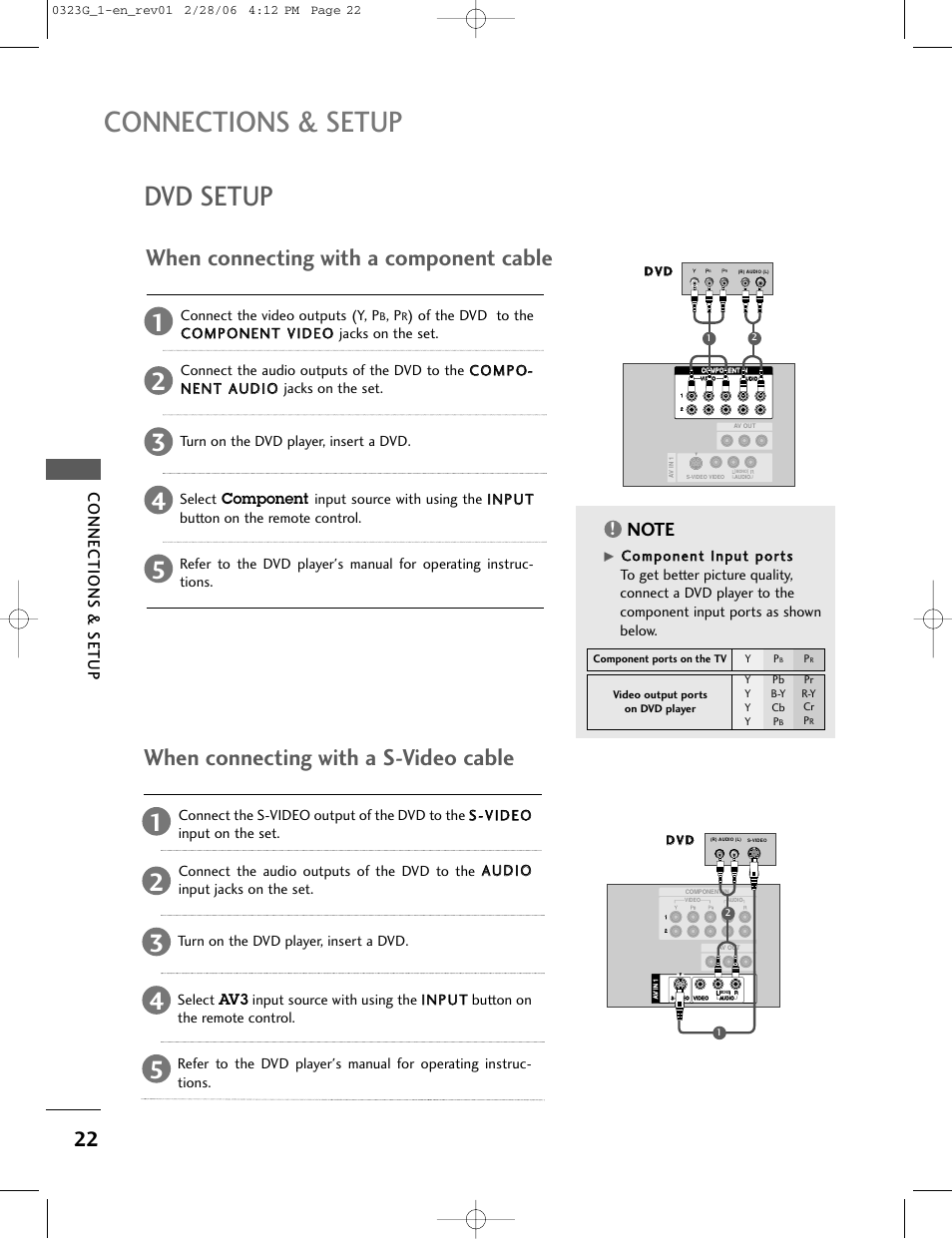 Connections & setup, Dvd setup, When connecting with a component cable | When connecting with a s-video cable | LG 26LC2R User Manual | Page 24 / 87