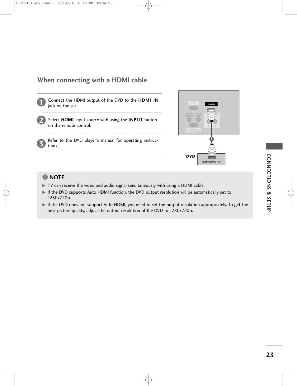 When connecting with a hdmi cable, Connections & setup | LG 26LC2R User Manual | Page 25 / 87