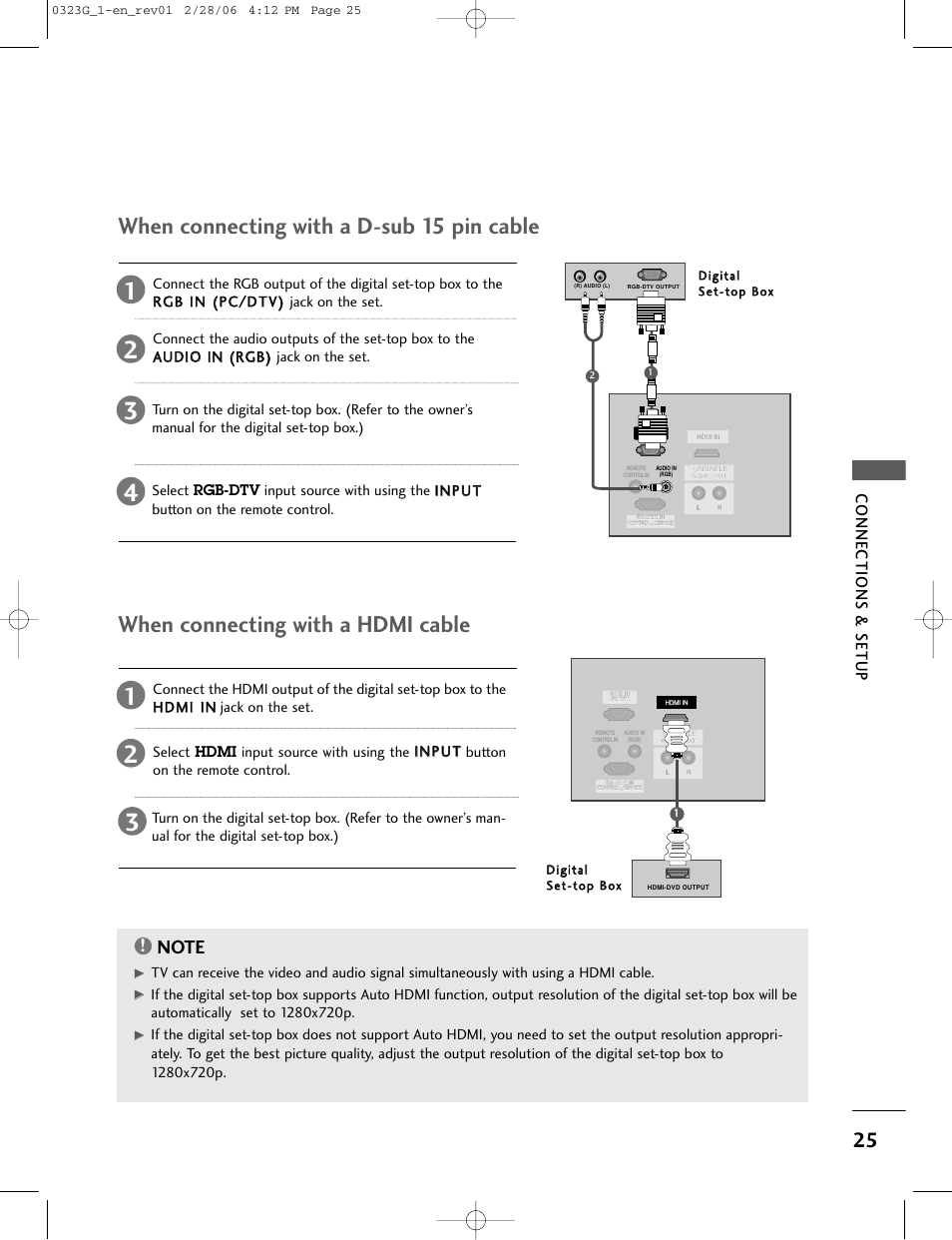 When connecting with a d-sub 15 pin cable, When connecting with a hdmi cable, Connections & setup | LG 26LC2R User Manual | Page 27 / 87