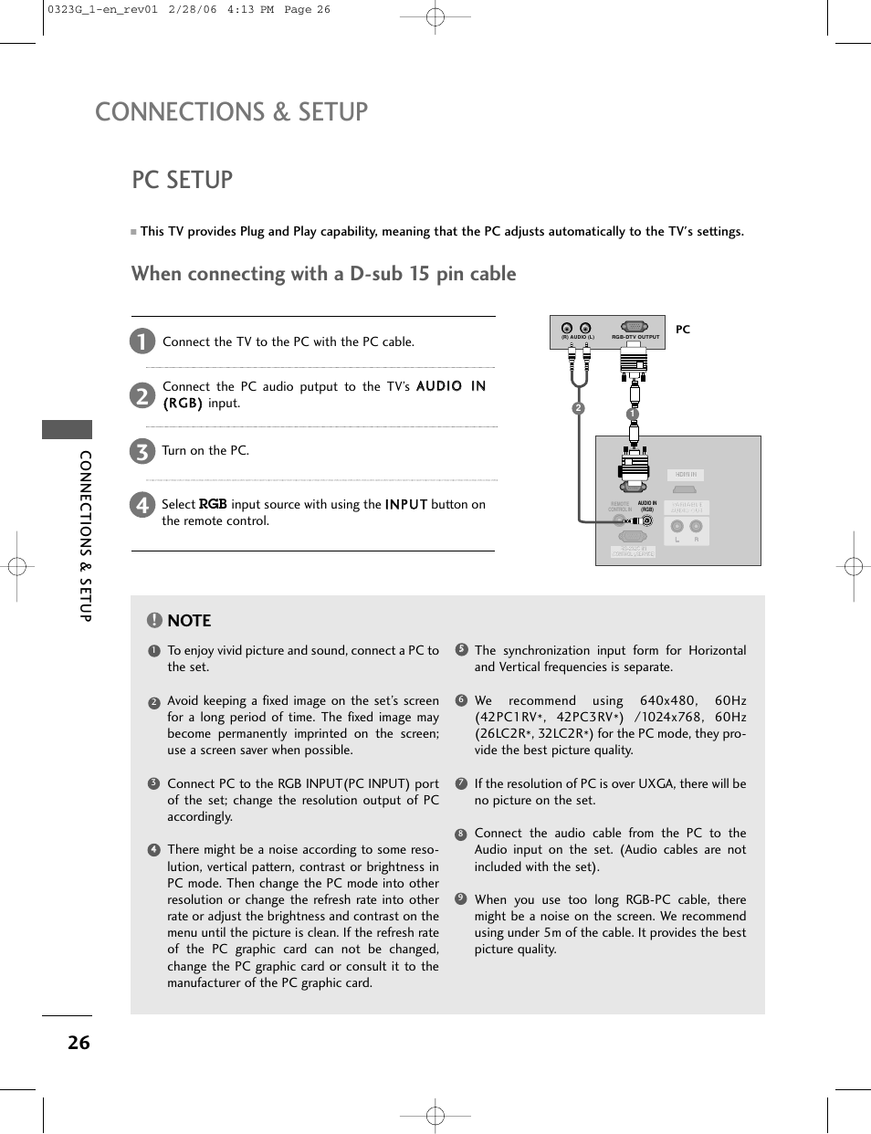 Connections & setup, Pc setup, When connecting with a d-sub 15 pin cable | LG 26LC2R User Manual | Page 28 / 87