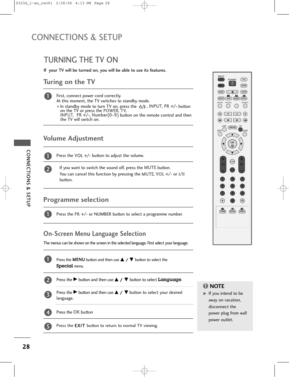 Connections & setup, Turning the tv on, Turing on the t v | Volume adjustment, Programme selection, On-screen menu language selection | LG 26LC2R User Manual | Page 30 / 87