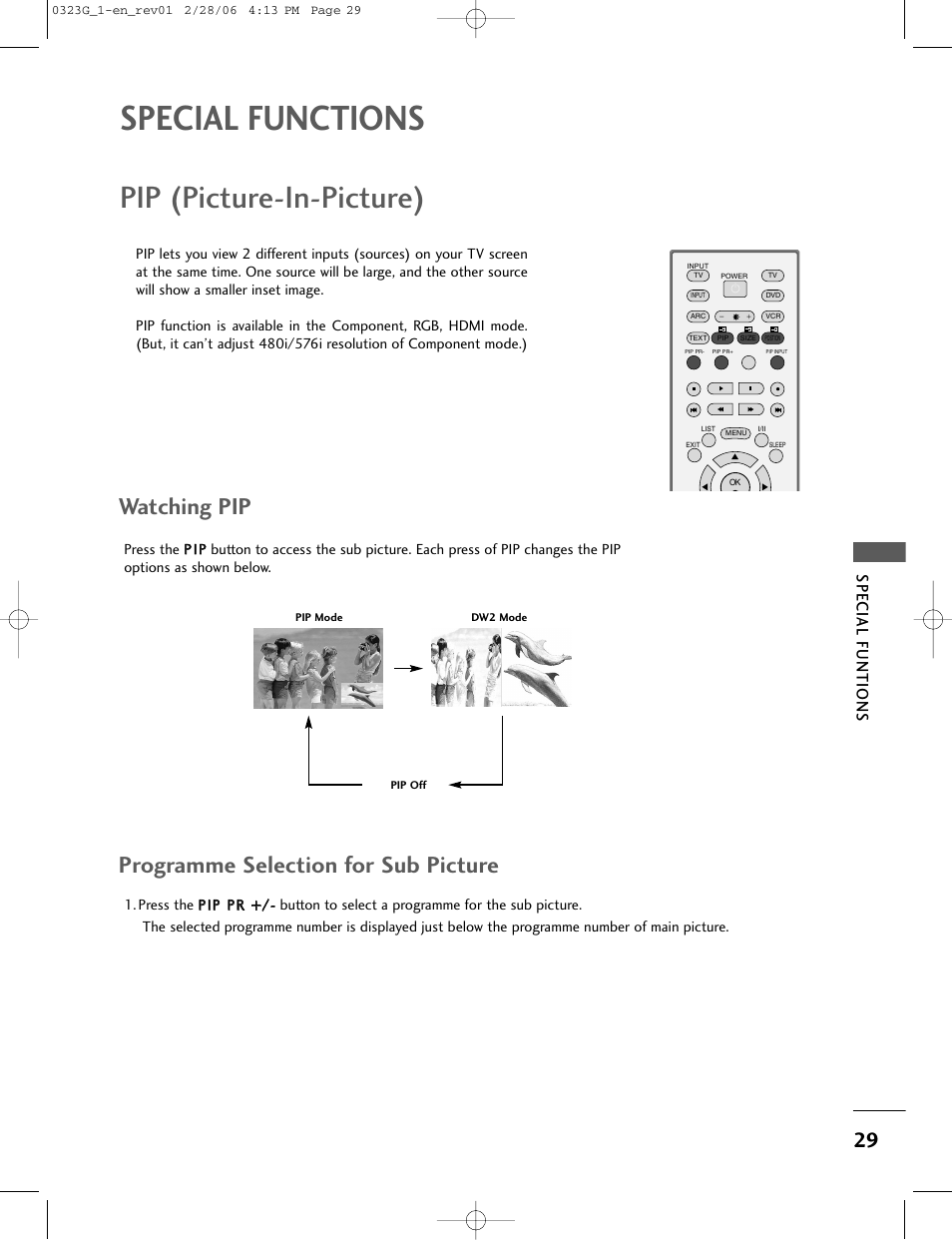 Special functions, Pip (picture-in-picture), Watching pip | Programme selection for sub picture, Special funtions | LG 26LC2R User Manual | Page 31 / 87