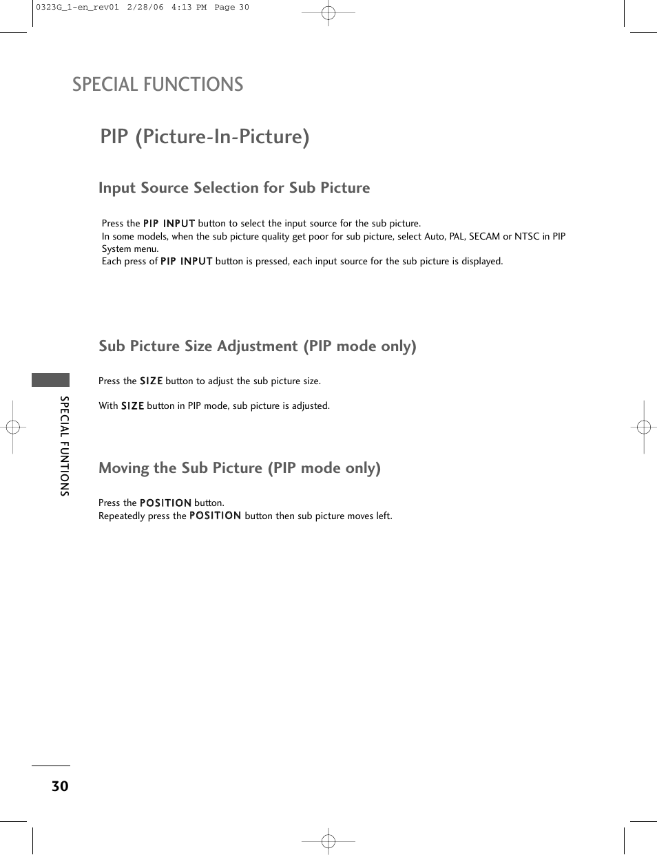 Pip (picture-in-picture), Special functions, Input source selection for sub picture | Sub picture size adjustment (pip mode only), Moving the sub picture (pip mode only) | LG 26LC2R User Manual | Page 32 / 87