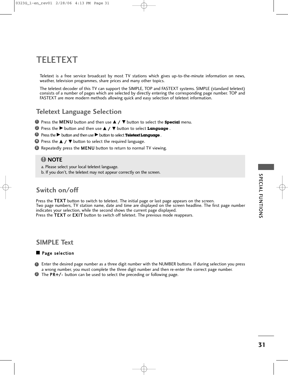 Teletext, Switch on/off, Teletext language selection | Simple text | LG 26LC2R User Manual | Page 33 / 87