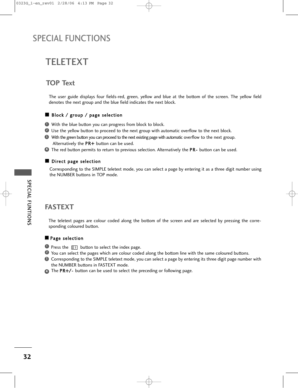 Teletext, Special functions, Top text | Fastext | LG 26LC2R User Manual | Page 34 / 87