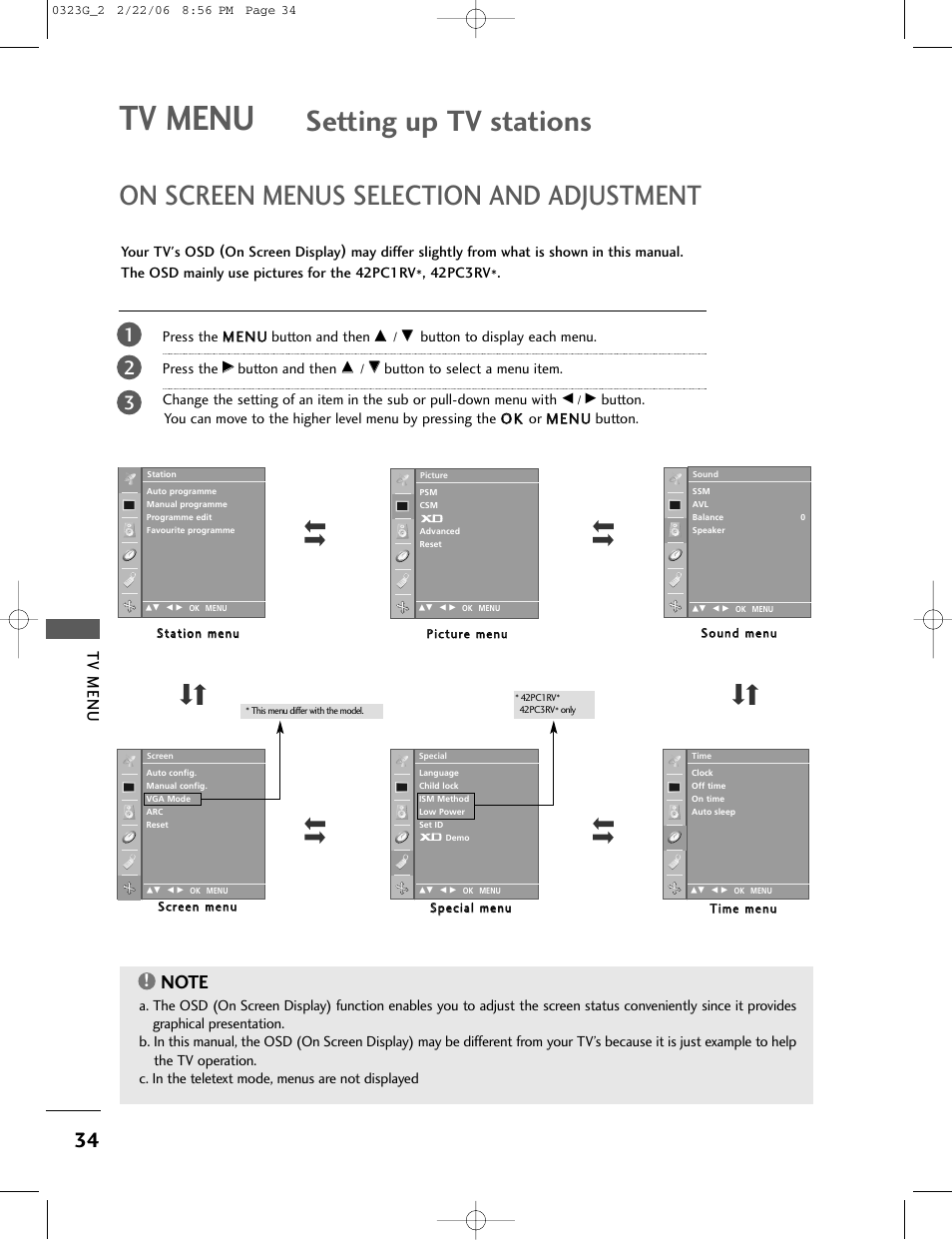 Setting up tv stations, On screen menus selection and adjustment, Tv menu | LG 26LC2R User Manual | Page 36 / 87