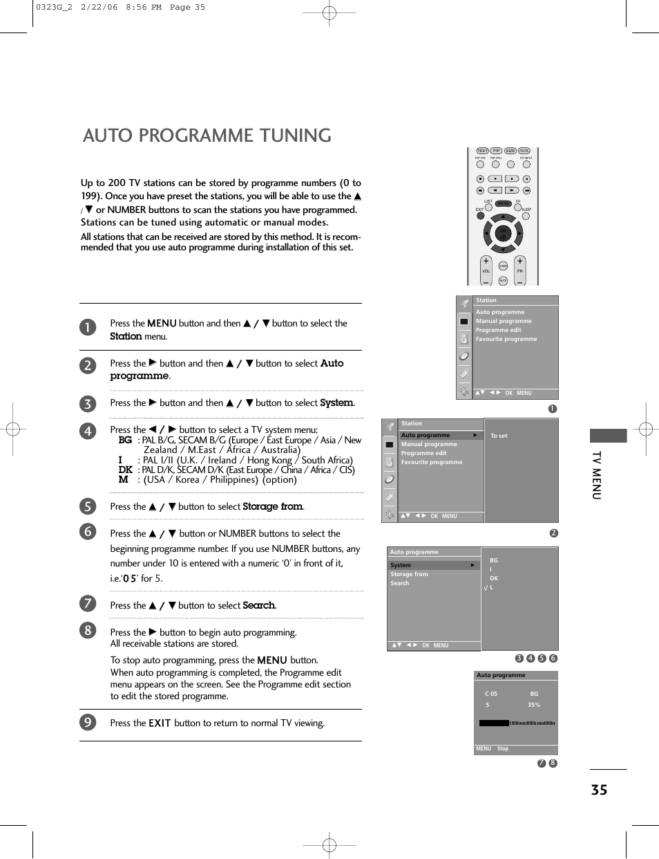 Auto programme tuning, Tv menu | LG 26LC2R User Manual | Page 37 / 87
