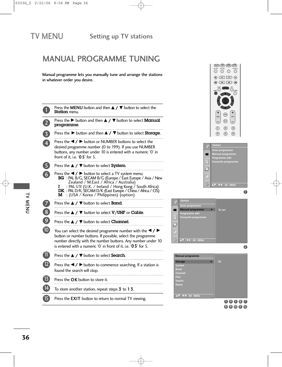 Tv menu, Manual programme tuning, Setting up tv stations | LG 26LC2R User Manual | Page 38 / 87