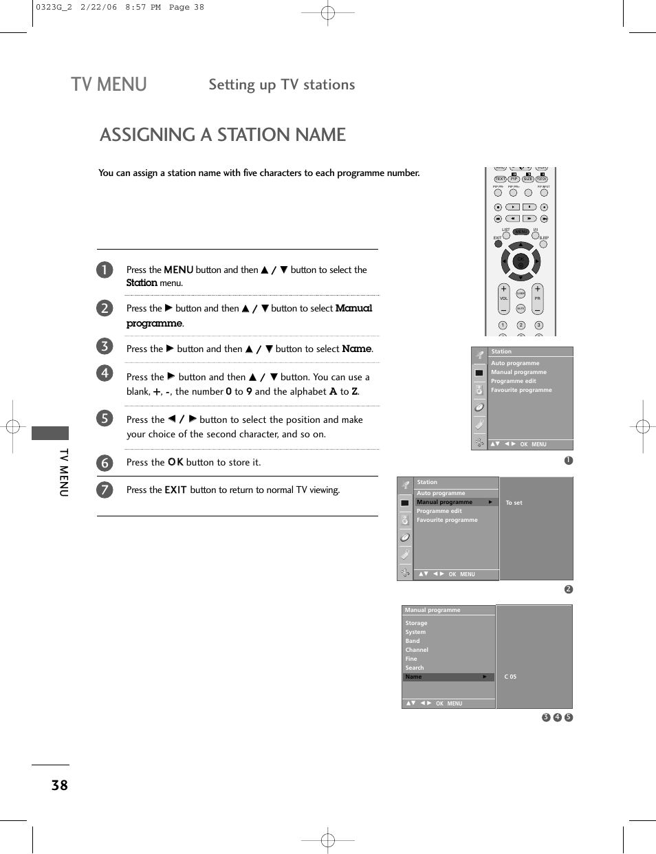 Tv menu, Assigning a station name, Setting up tv stations | LG 26LC2R User Manual | Page 40 / 87