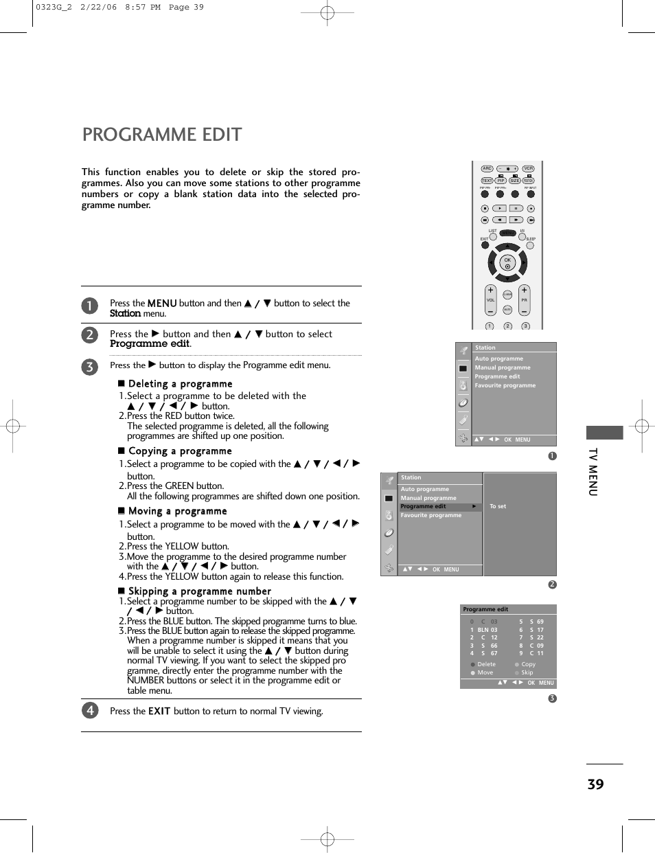 Programme edit, Tv menu | LG 26LC2R User Manual | Page 41 / 87