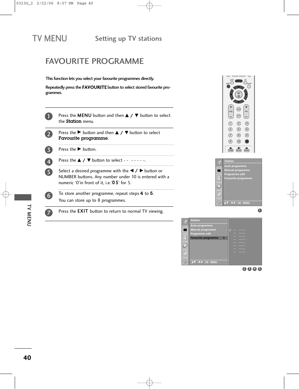 Tv menu, Favourite programme, Setting up tv stations | LG 26LC2R User Manual | Page 42 / 87
