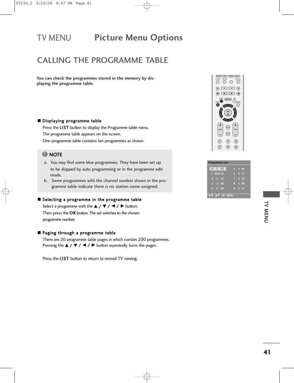 Tv menu picture menu options, Calling the programme table, Tv menu | LG 26LC2R User Manual | Page 43 / 87