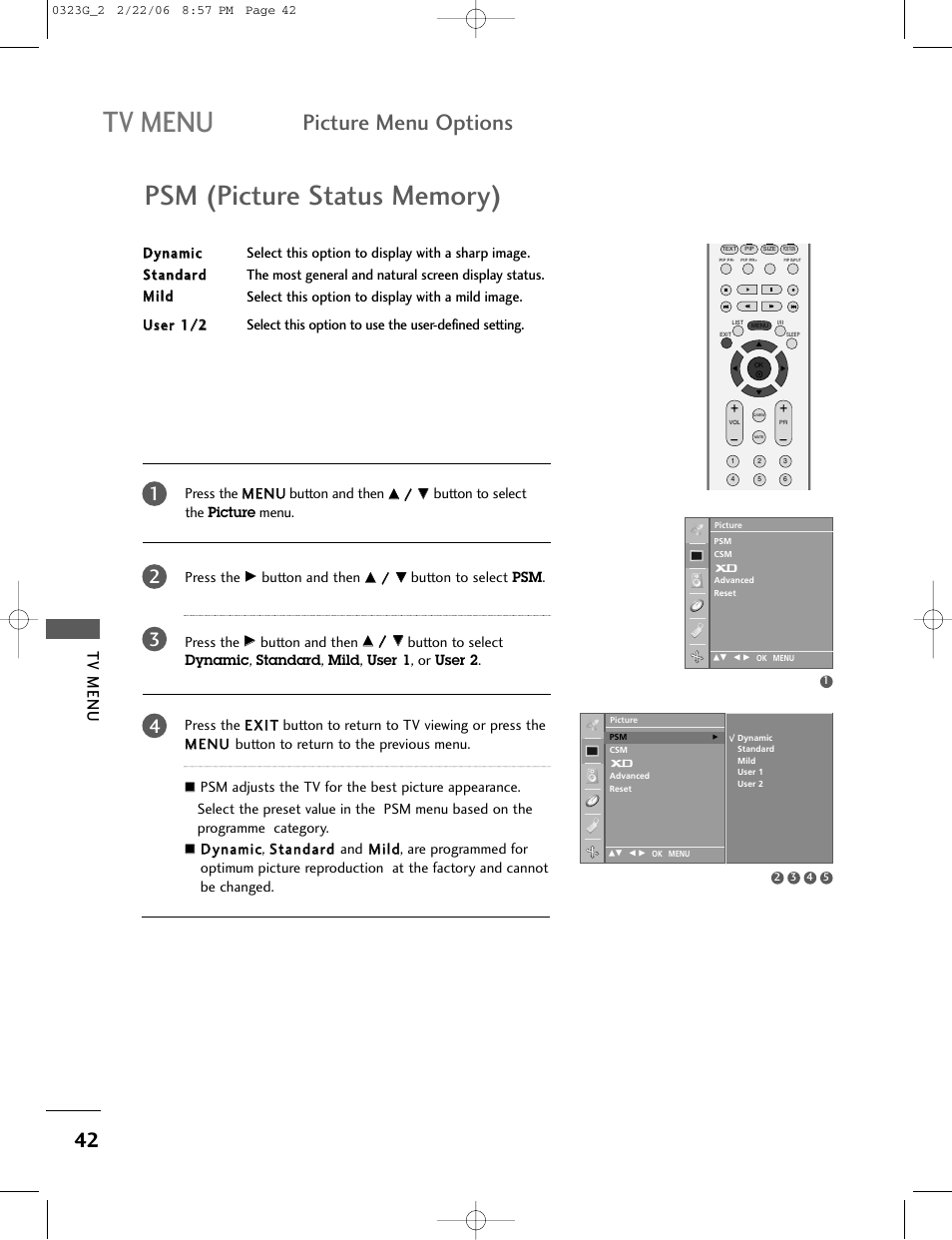 Tv menu, Picture menu options | LG 26LC2R User Manual | Page 44 / 87