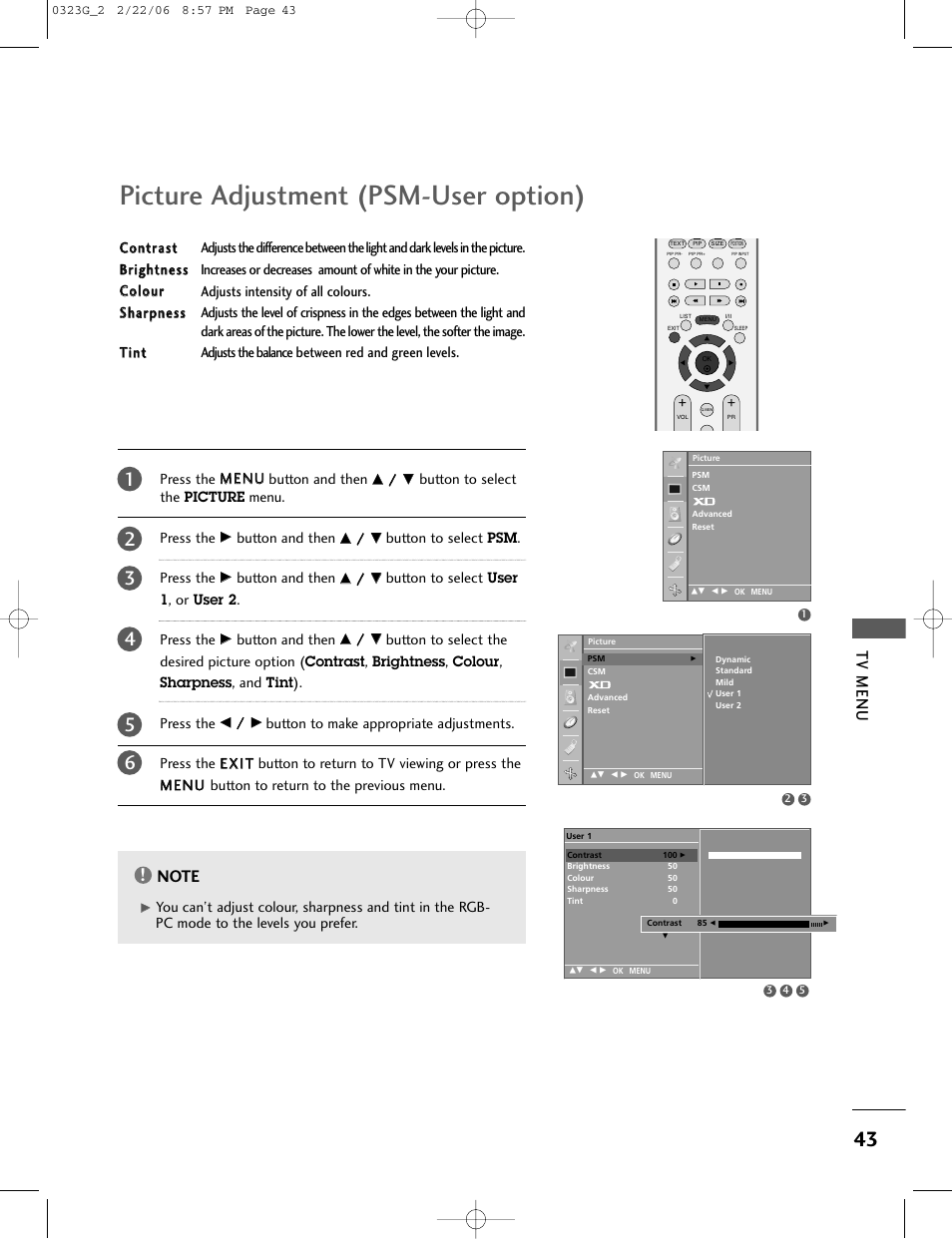 Picture adjustment (psm-user option), Tv menu | LG 26LC2R User Manual | Page 45 / 87