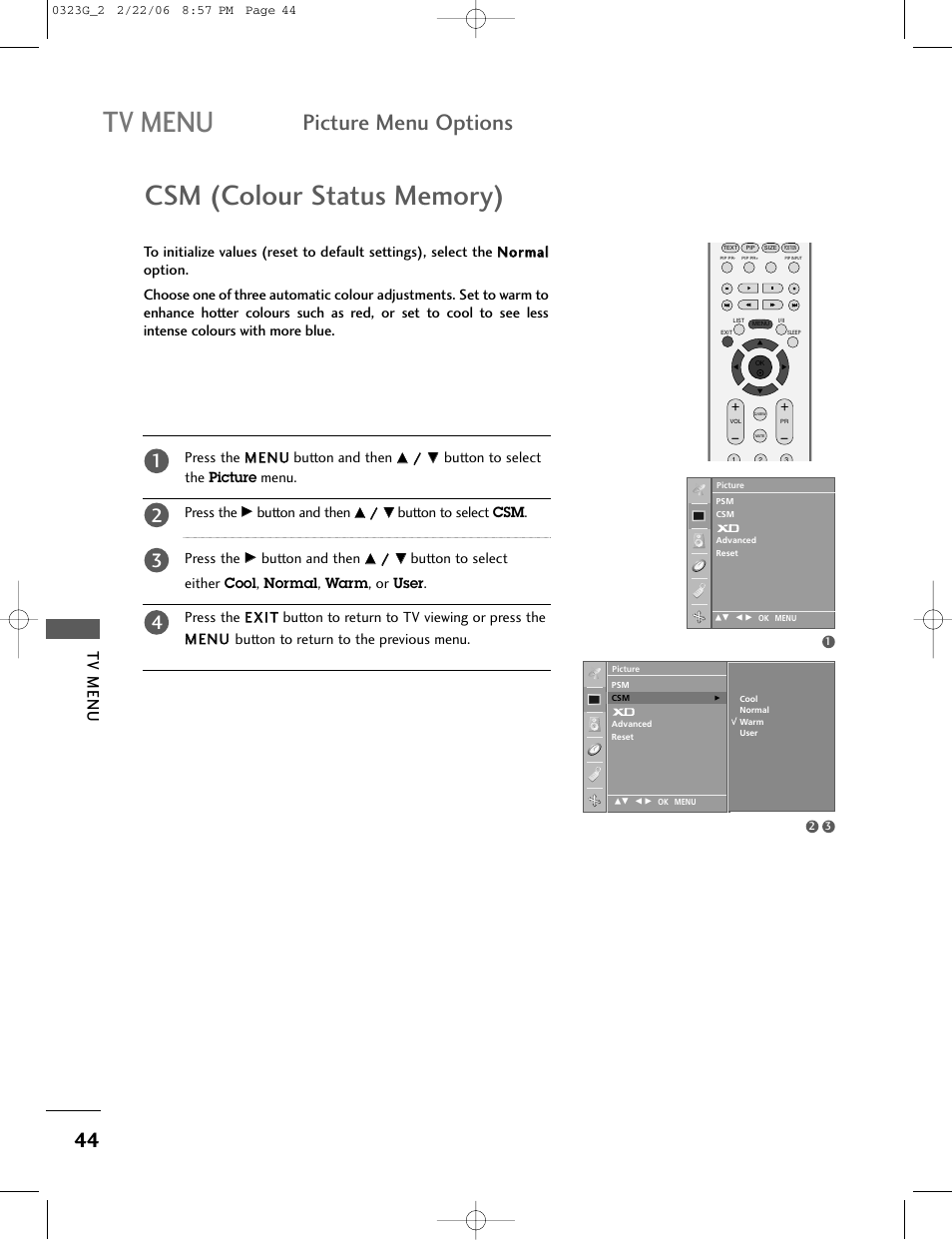 Tv menu, Picture menu options | LG 26LC2R User Manual | Page 46 / 87