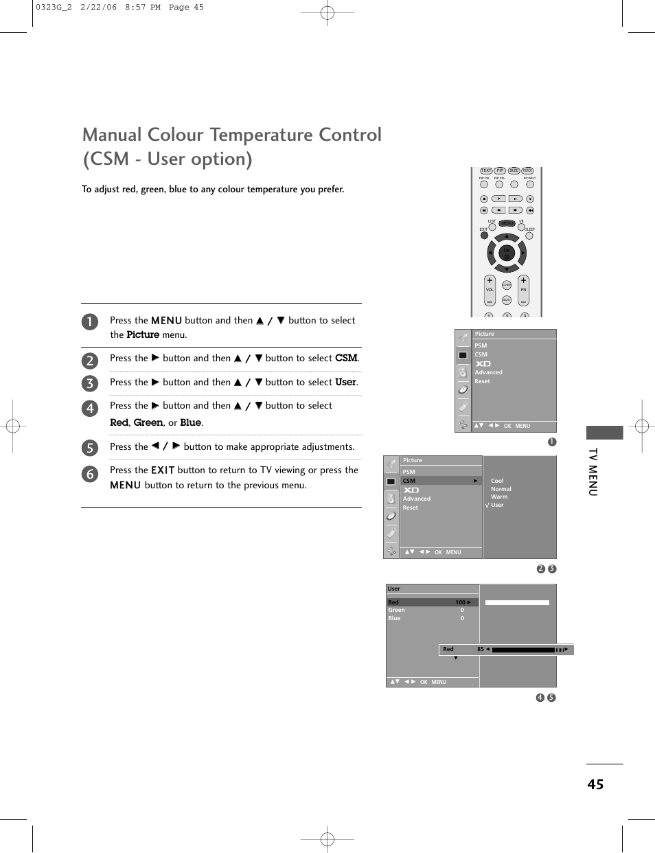 Tv menu, Button to select the, Menu. press the | Button and then, Button to select, Press the | LG 26LC2R User Manual | Page 47 / 87