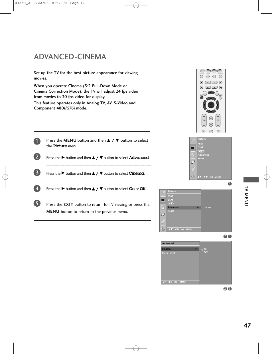 Advanced-cinema, Tv menu, Button to select the | Menu. press the, Button and then, Button to select, Press the | LG 26LC2R User Manual | Page 49 / 87