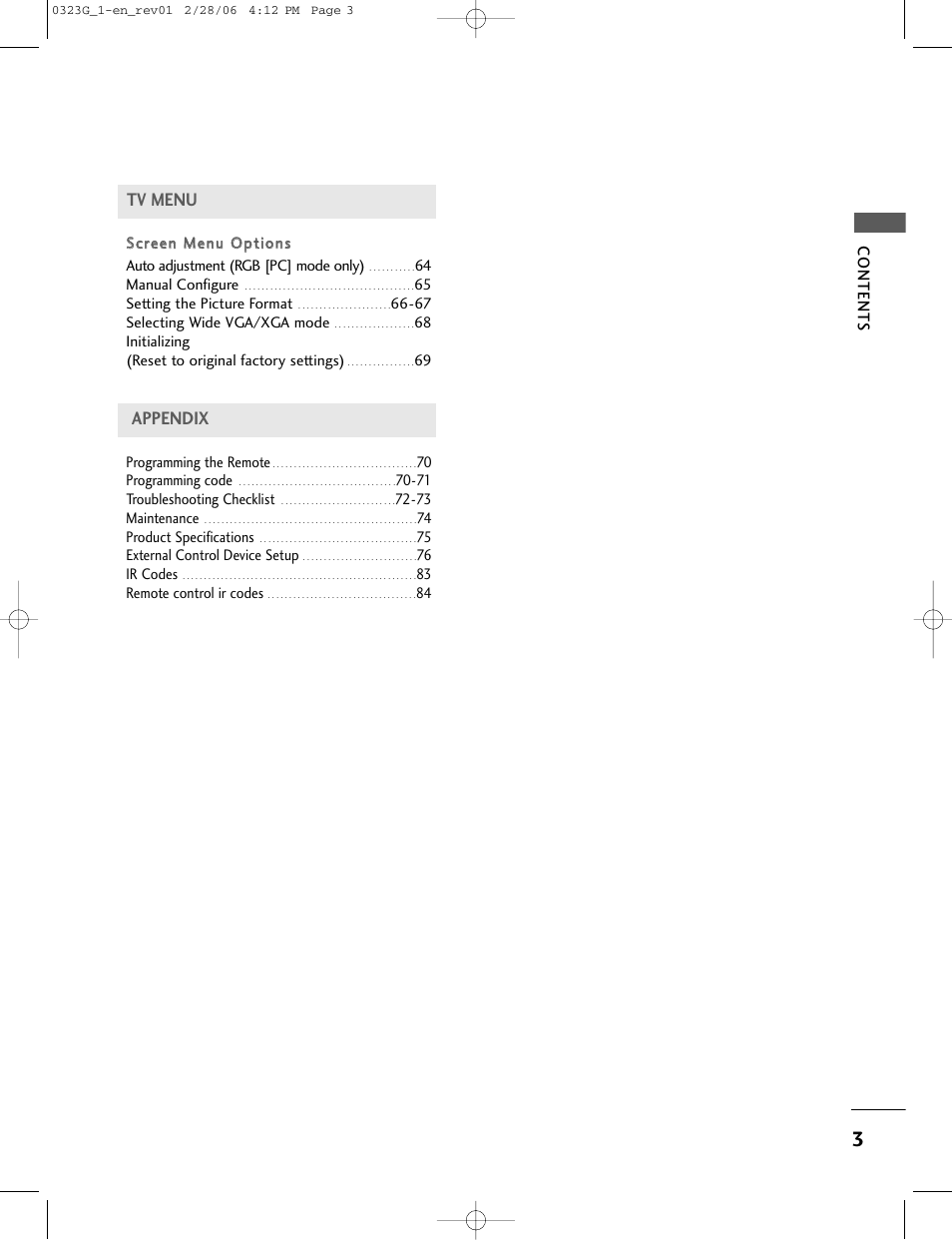 Tv menu, Appendix | LG 26LC2R User Manual | Page 5 / 87