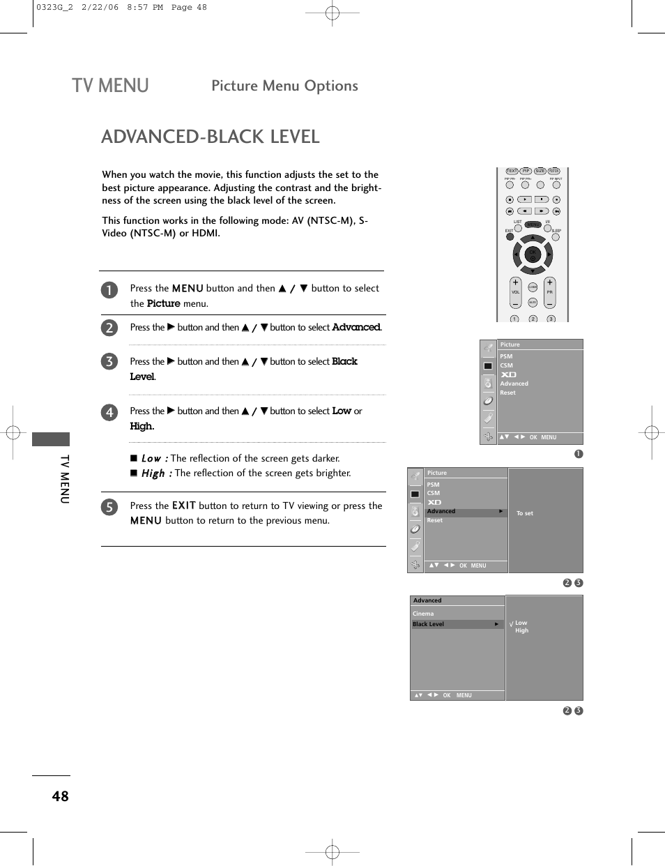 Tv menu, Advanced-black level, Picture menu options | LG 26LC2R User Manual | Page 50 / 87