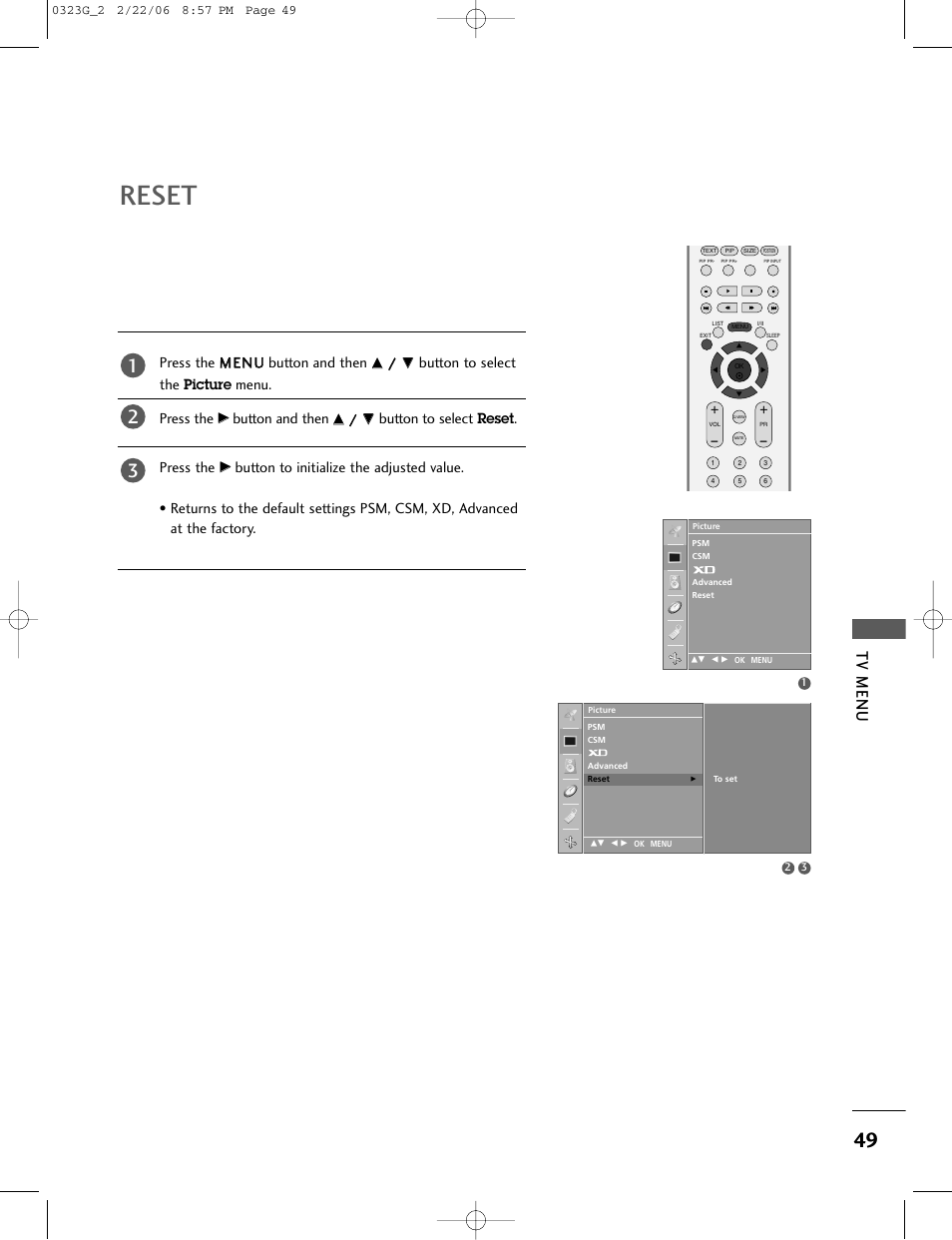 Reset, Tv menu, Button to select the | Menu. press the, Button and then, Button to select, Press the, Picture | LG 26LC2R User Manual | Page 51 / 87
