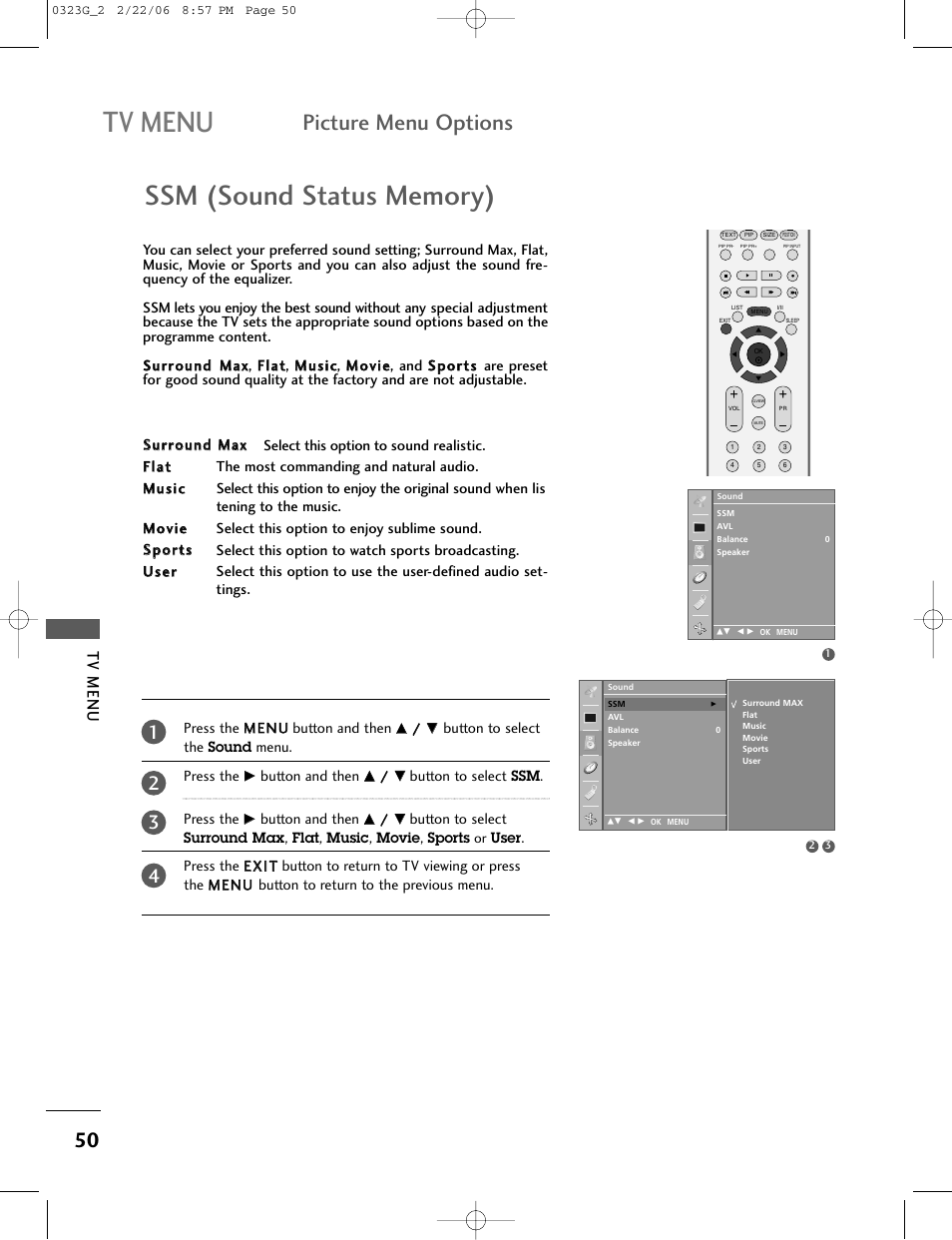 Tv menu, Picture menu options | LG 26LC2R User Manual | Page 52 / 87