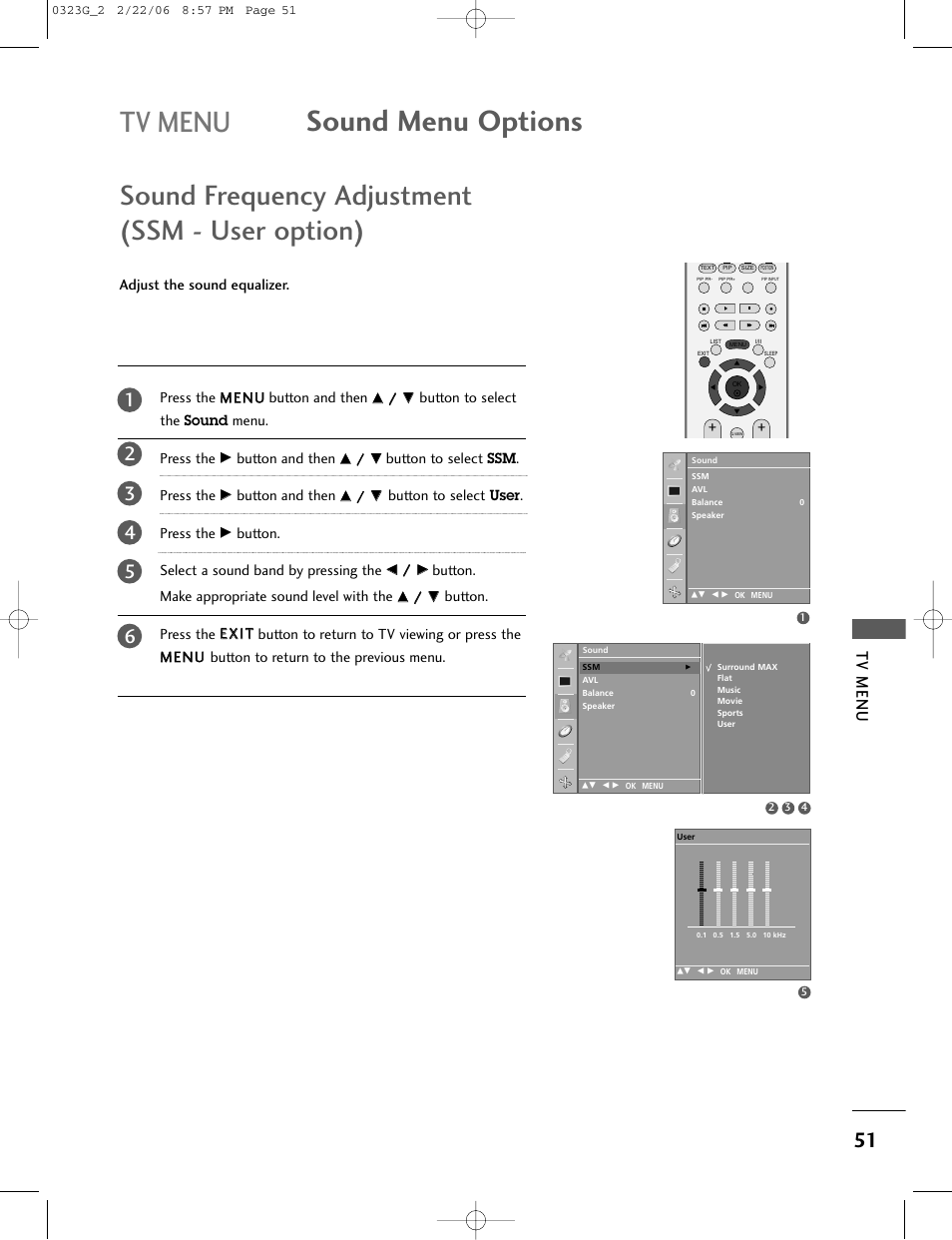 Tv menu sound menu options, Sound frequency adjustment (ssm - user option), Tv menu | LG 26LC2R User Manual | Page 53 / 87