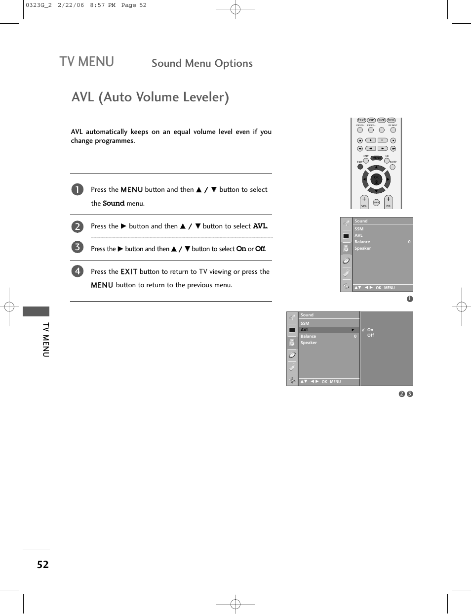 Avl (auto volume leveler), Sound menu options, Tv menu | LG 26LC2R User Manual | Page 54 / 87