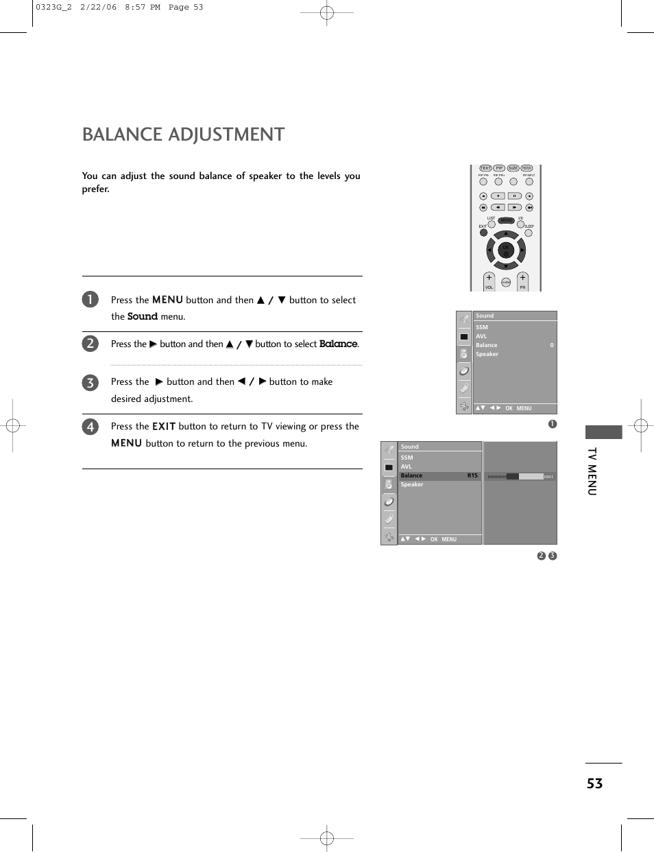 Balance adjustment, Tv menu, Button to select the | Menu. press the, Button and then, Button to select, Press the | LG 26LC2R User Manual | Page 55 / 87