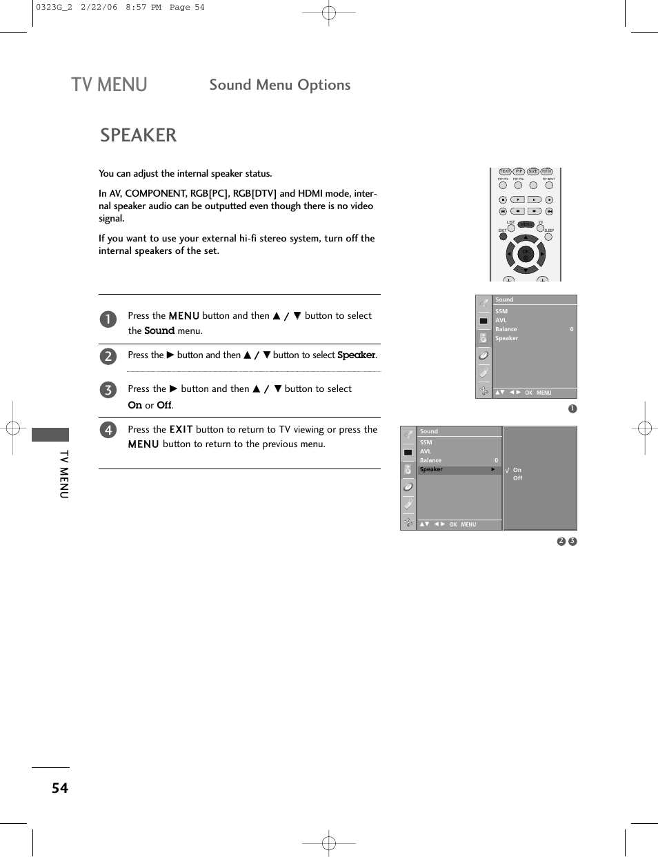 Tv menu, Speaker, Sound menu options | LG 26LC2R User Manual | Page 56 / 87
