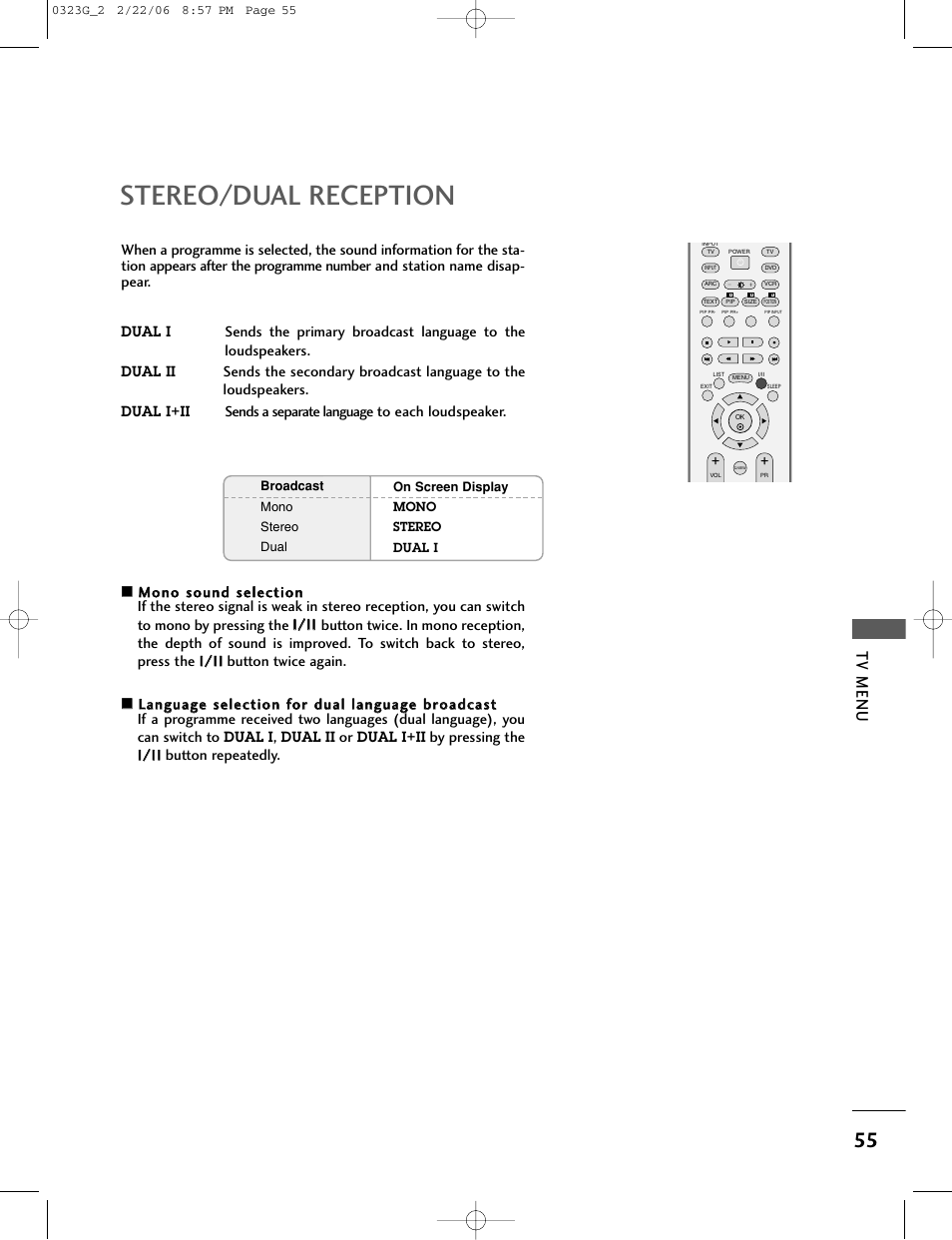 Stereo/dual reception, Tv menu | LG 26LC2R User Manual | Page 57 / 87