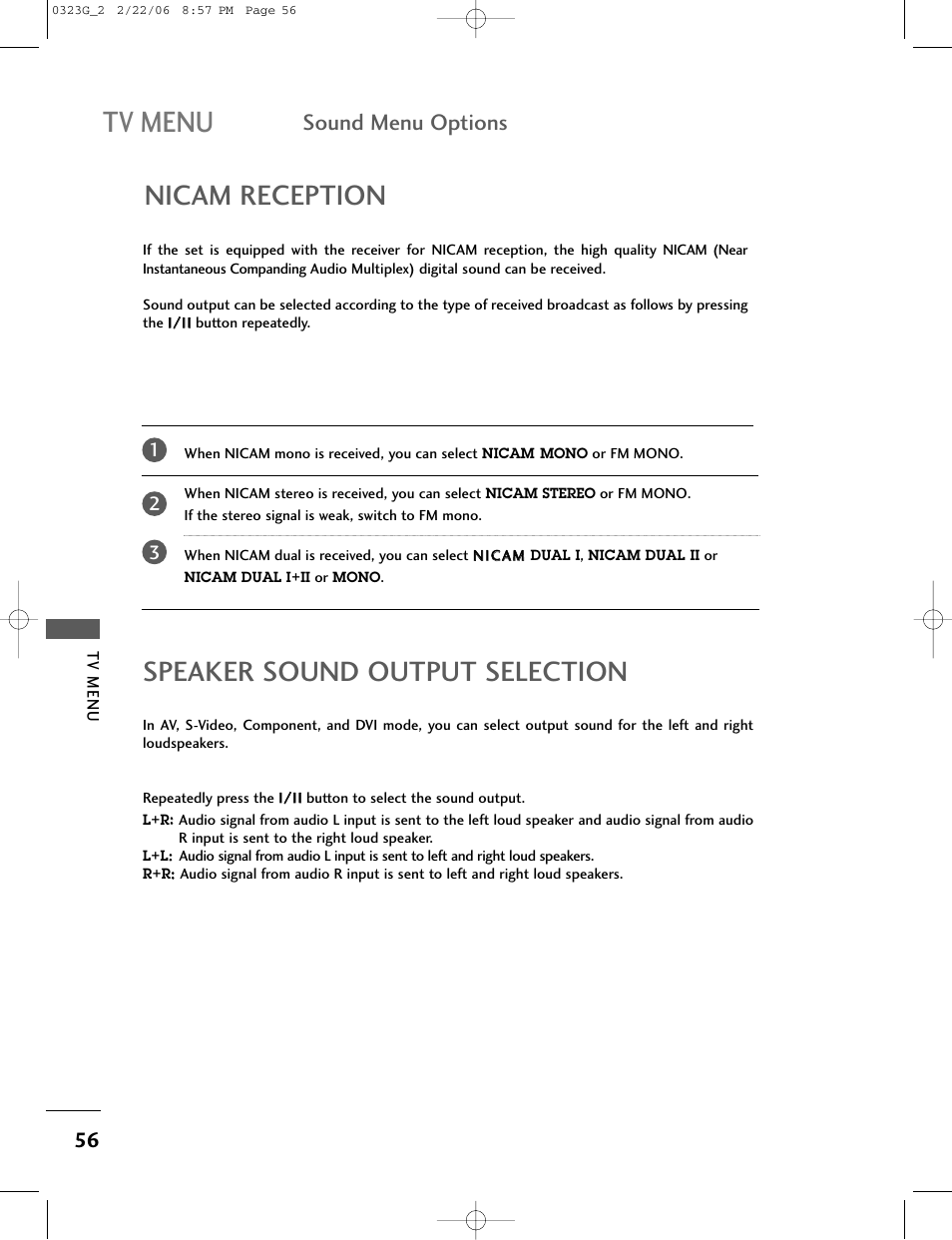 Tv menu, Nicam reception, Speaker sound output selection | Sound menu options | LG 26LC2R User Manual | Page 58 / 87