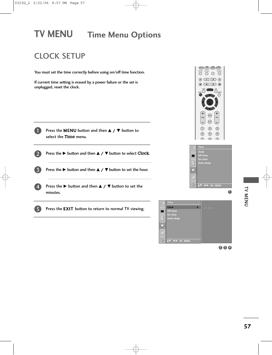 Time menu options, Clock setup, Tv menu | Button to select the, Menu. press the, Button and then, Button to select, Press the, Button to set the hour. press the | LG 26LC2R User Manual | Page 59 / 87