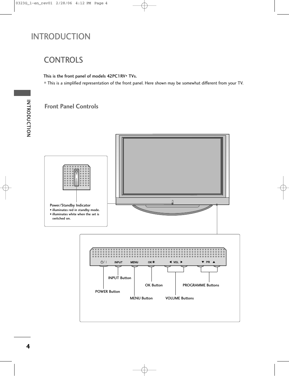 Introduction, Controls, Front panel controls | Intr oduction | LG 26LC2R User Manual | Page 6 / 87