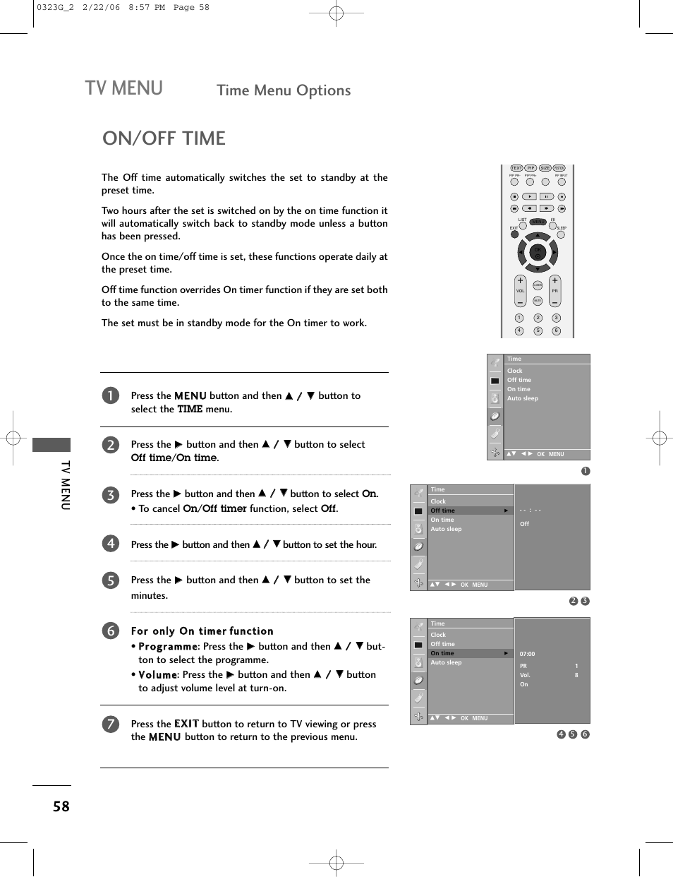 On/off time, Time menu options, Tv menu | LG 26LC2R User Manual | Page 60 / 87