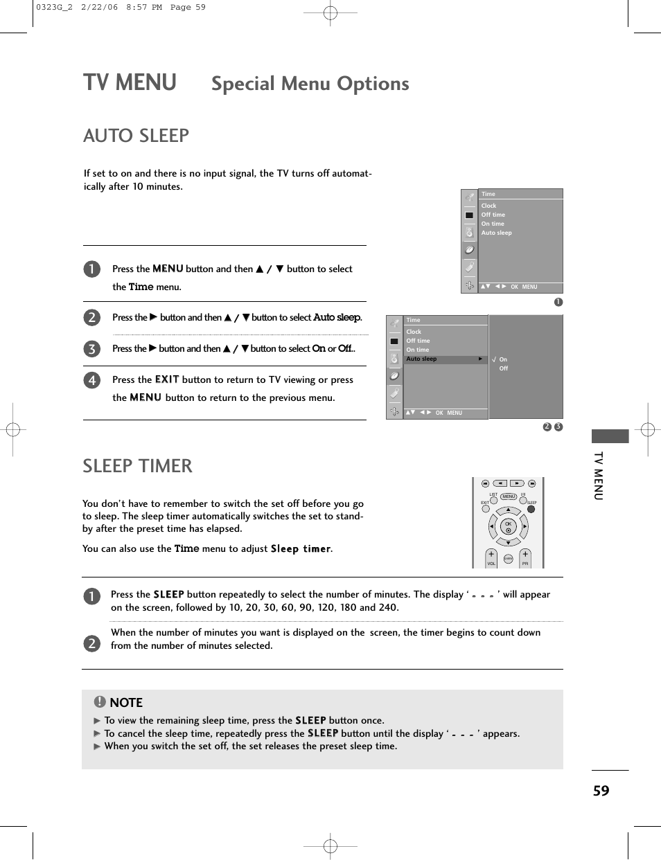 Special menu options, Auto sleep, Sleep timer | Tv menu | LG 26LC2R User Manual | Page 61 / 87