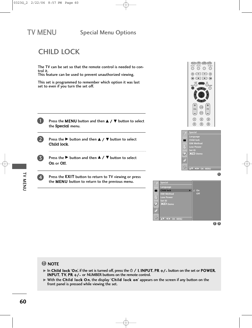 Tv menu, Child lock, Special menu options | LG 26LC2R User Manual | Page 62 / 87