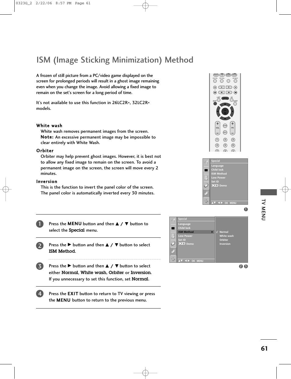 Ism (image sticking minimization) method, Tv menu | LG 26LC2R User Manual | Page 63 / 87