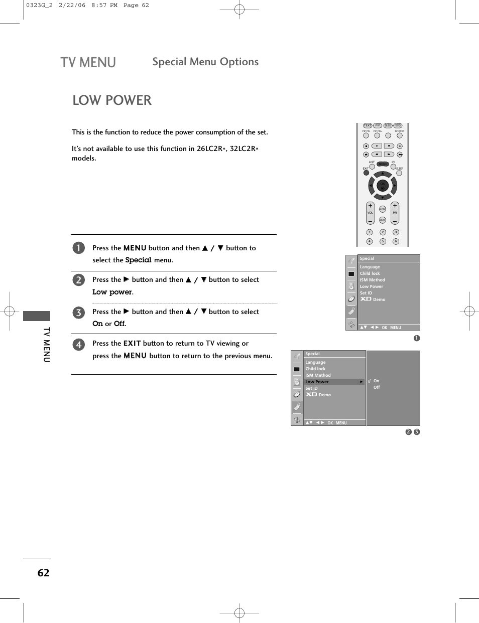 Low power, Special menu options, Tv menu | Button to select the, Menu. press the, Button and then, Button to select, Press the | LG 26LC2R User Manual | Page 64 / 87