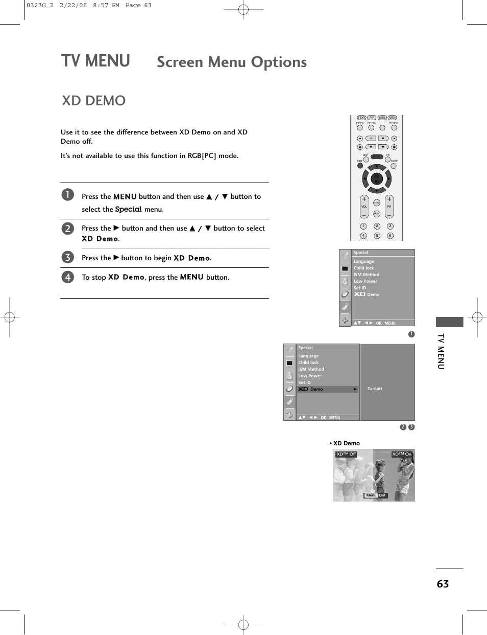 Screen menu options, Xd demo, Tv menu | LG 26LC2R User Manual | Page 65 / 87