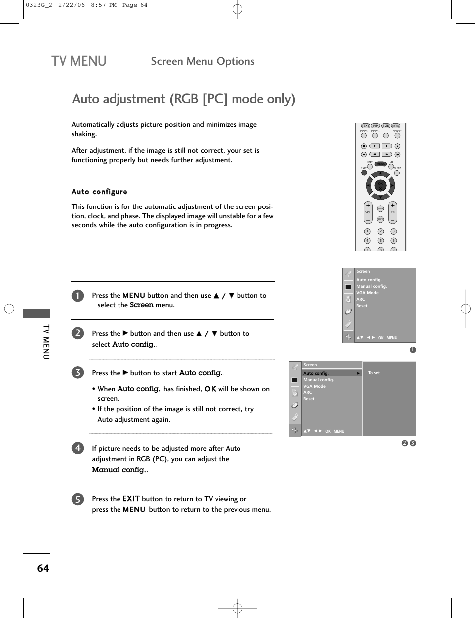 Tv menu, Auto adjustment (rgb [pc] mode only), Screen menu options | LG 26LC2R User Manual | Page 66 / 87