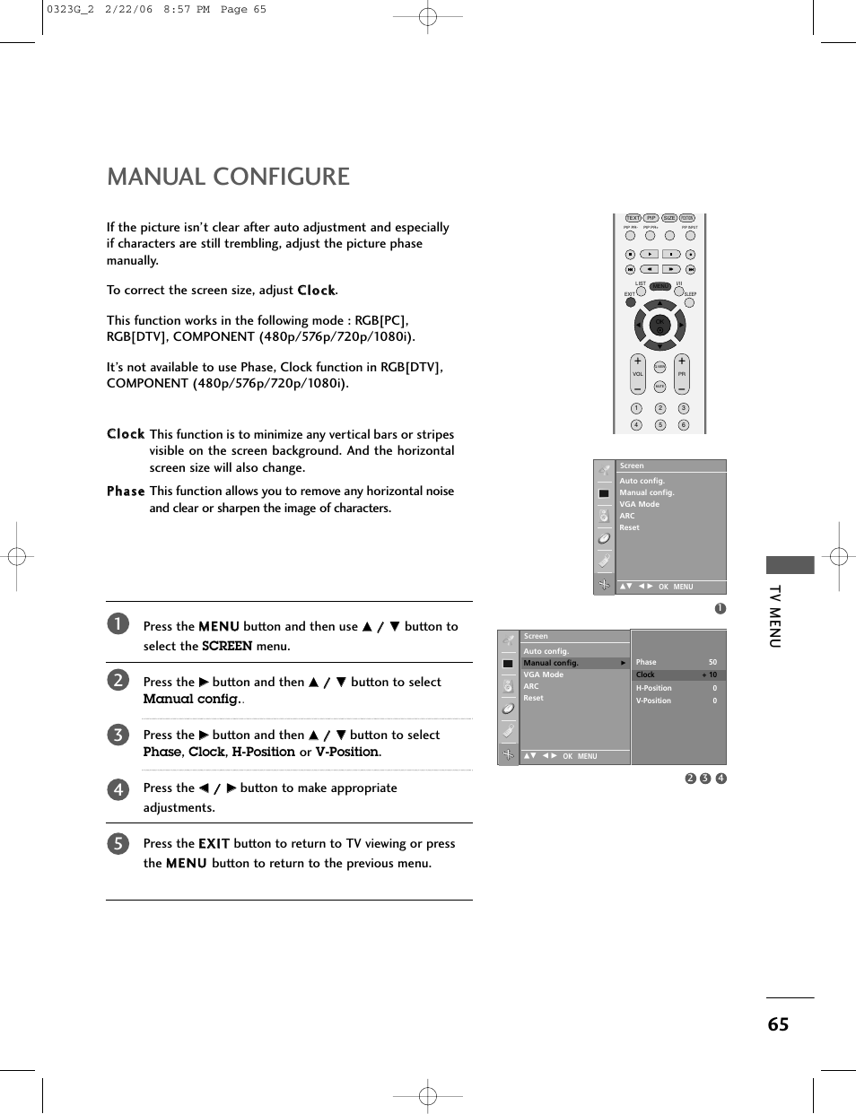 Manual configure, Tv menu | LG 26LC2R User Manual | Page 67 / 87