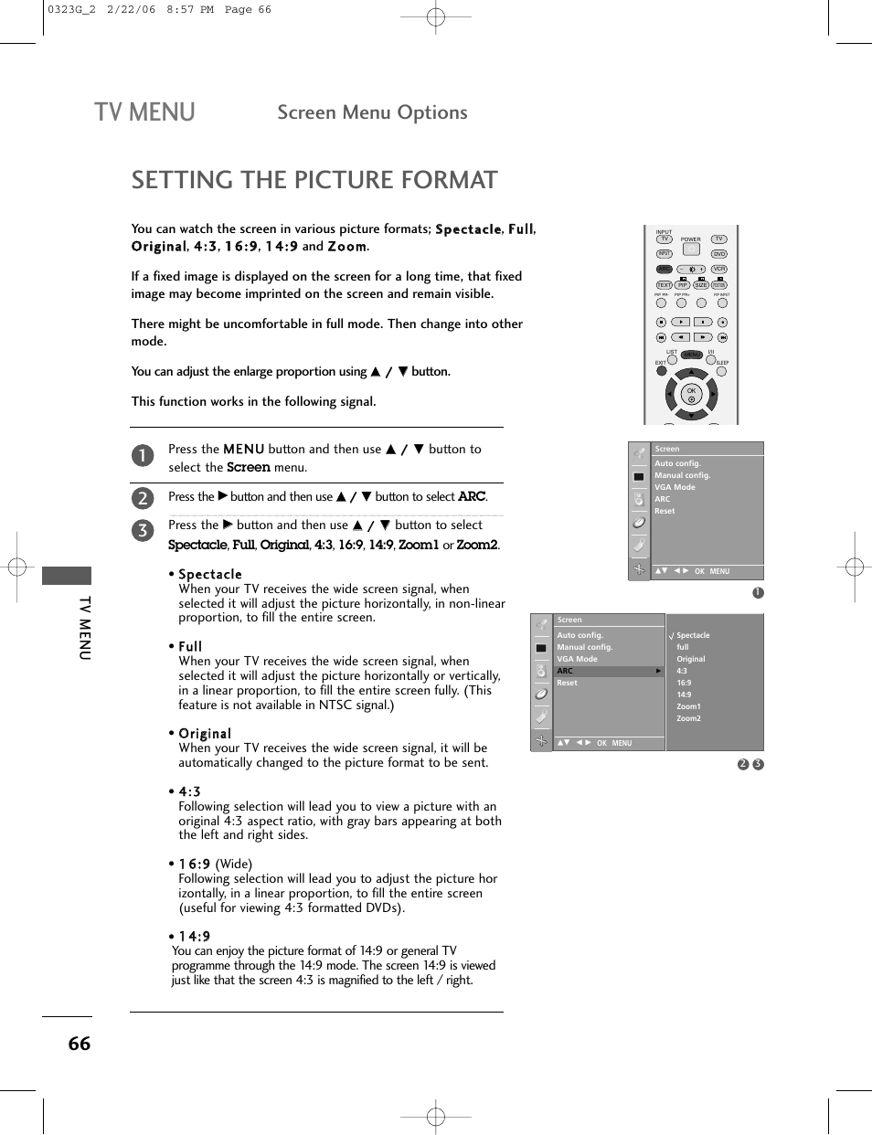 Tv menu, Setting the picture format, Screen menu options | LG 26LC2R User Manual | Page 68 / 87