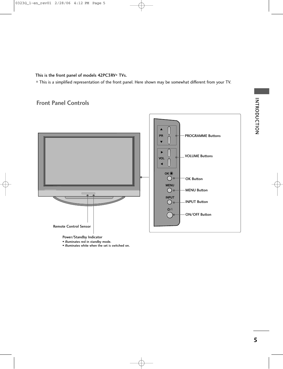 Front panel controls, Intr oduction | LG 26LC2R User Manual | Page 7 / 87