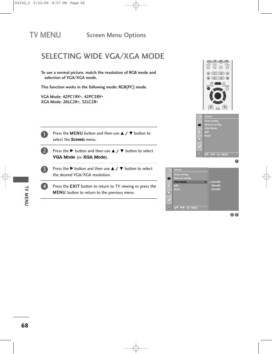 Tv menu, Selecting wide vga/xga mode, Screen menu options | LG 26LC2R User Manual | Page 70 / 87