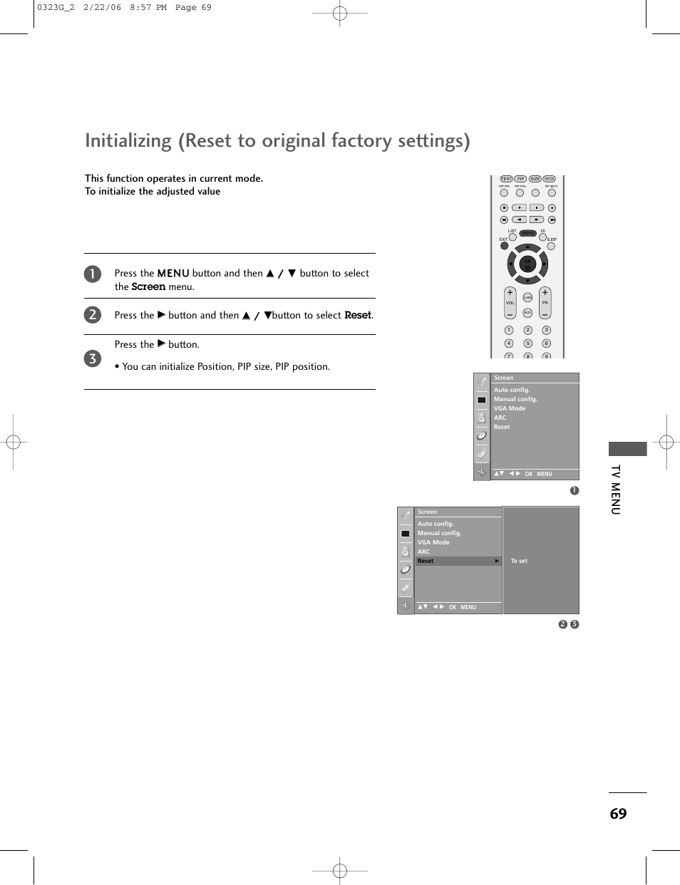 Initializing (reset to original factory settings), Tv menu, Button to select the | Menu. press the, Button and then, Button to select, Press the, Screen, Reset | LG 26LC2R User Manual | Page 71 / 87