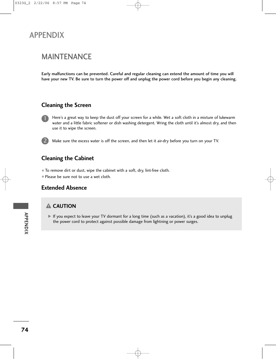 Appendix, Maintenance | LG 26LC2R User Manual | Page 76 / 87