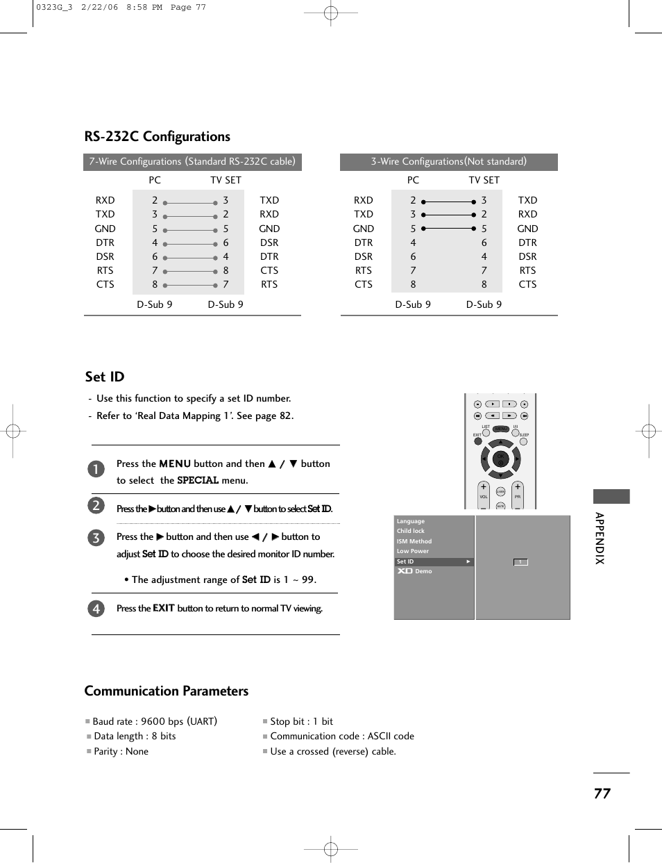 77 communication parameters, Rs-232c configurations, Set id | Appendix | LG 26LC2R User Manual | Page 79 / 87