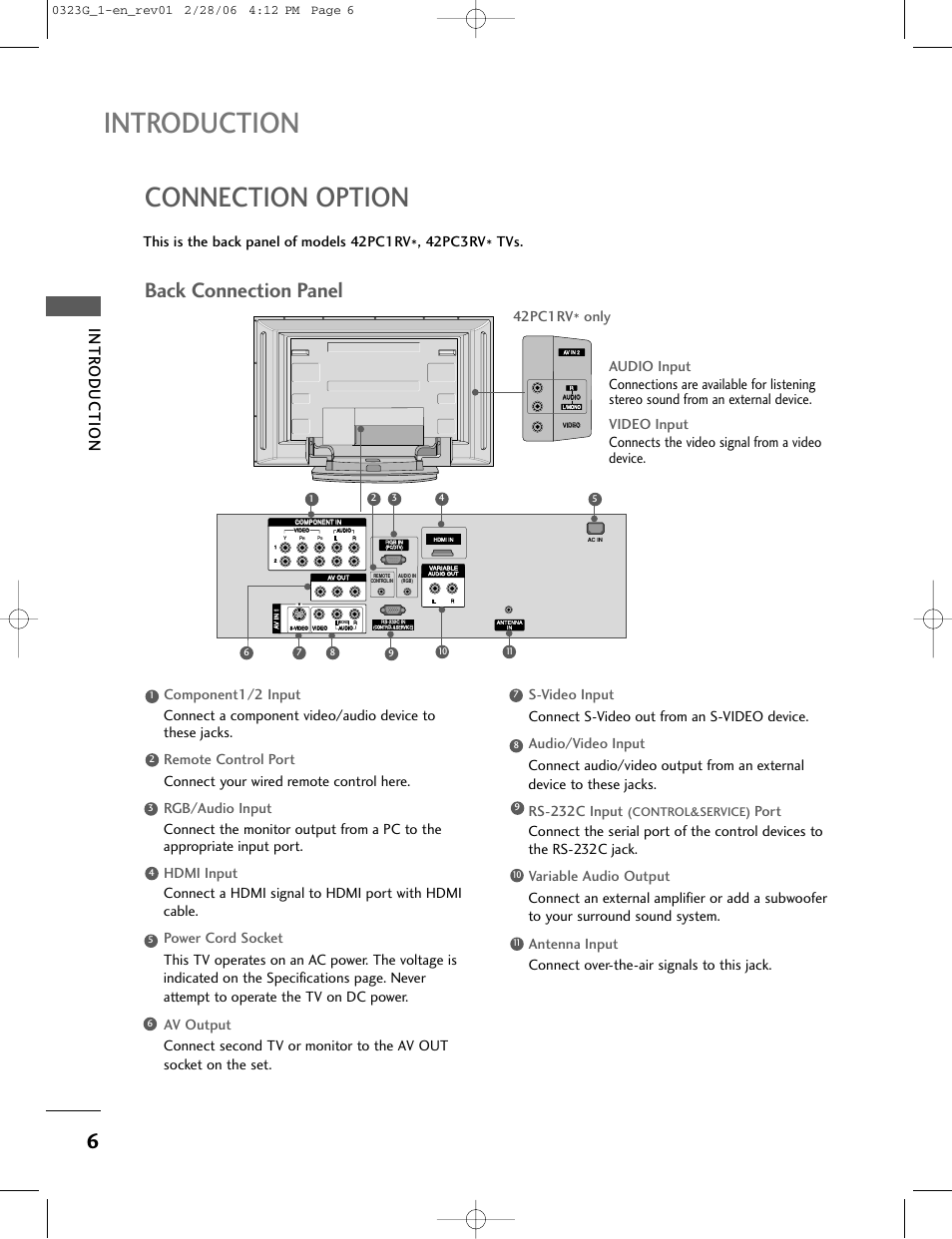 Introduction, Connection option, Back connection panel | Intr oduction | LG 26LC2R User Manual | Page 8 / 87